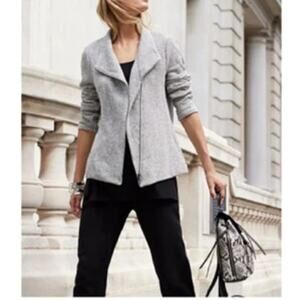 Eileen Fisher Gray Herringbone Moon Organic Cotton Tweed Zip Moto Jacket L